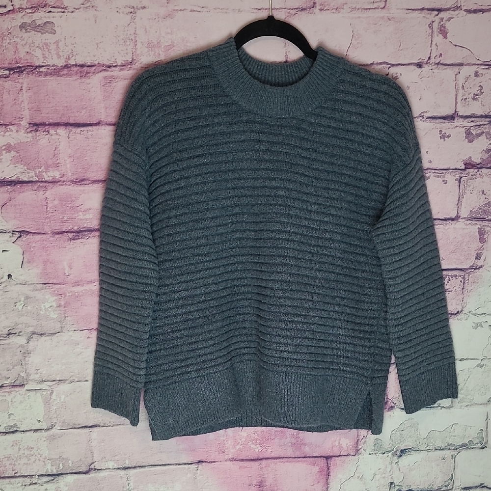 MADEWELL ELSMERE PULLOVER SWEATER HEATHER LAKE CHUNKY HORIZONTAL RIBBED WOOL XS